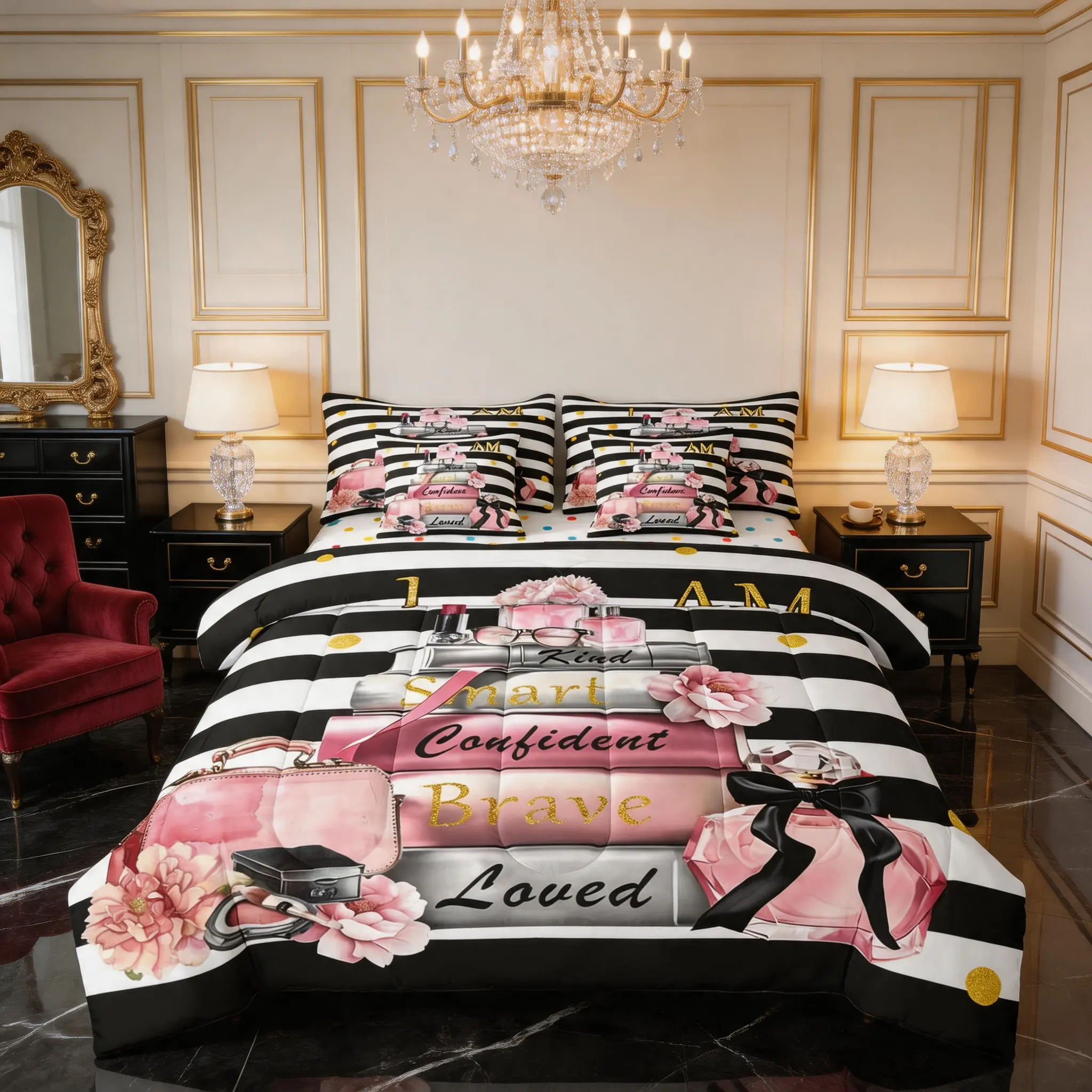 Feelyou Queen 7-Piece Microfiber Bedding Set - Soft, Breathable Abstract Black White Stripes & Blush Pink Queen Comforter with Modern Inspirational Quotes, Women's Bedroom Gift Bed-in-a-Bag, Queen Comforter Set