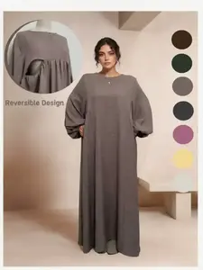 Women's Casual Loose-Fit Long Sleeves Woven Dress, Plain Ballon Sleeve Design, Thin Fabric All Season Wearable Clothing