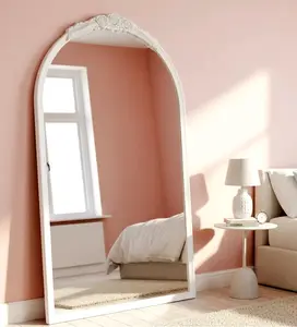 ZIYOO 51” Vintage Arched Floor Mirror | Distressed White Carved Wood Wall Mirror | French Country Full Length Decorative Mirror for Bedroom, Living Room, Entryway | Rustic Floral Frame Mirror