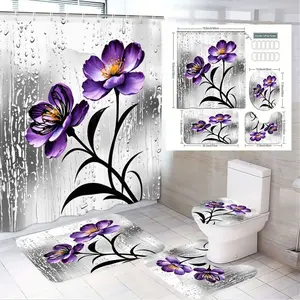 1/4pcs Purple Floral Bathroom Set with Yellow Center Flowers, Black Stems Leaves & Gray Water Droplets - Shower Curtain, 2 Matching Bath Mats, Toilet Seat Cover - Perfect for Spring Decor, Easter, St Patrick's Day, Home Bathroom Upgrade