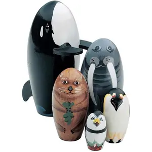 Wooden Russian Nesting Matryoshka Dolls, Sea Life Animal Figurines Whale Walrus Penguin Stacking Dolls Set of 5