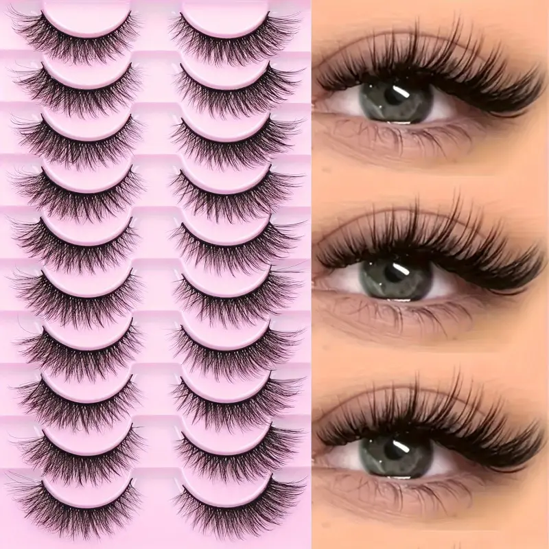 Natural Look Hypoallergenic 10 Pairs 3D Faux Mink Eyelashes, Volumized False Eyelashes, False Lashes, Cat Eye Lashes, 13mm Long for DIY, Stage, Daily Wear, Voluminous Eyelashes, Wispy Lashes, D Curling Lash Strips, Reusable Eyelashes Set