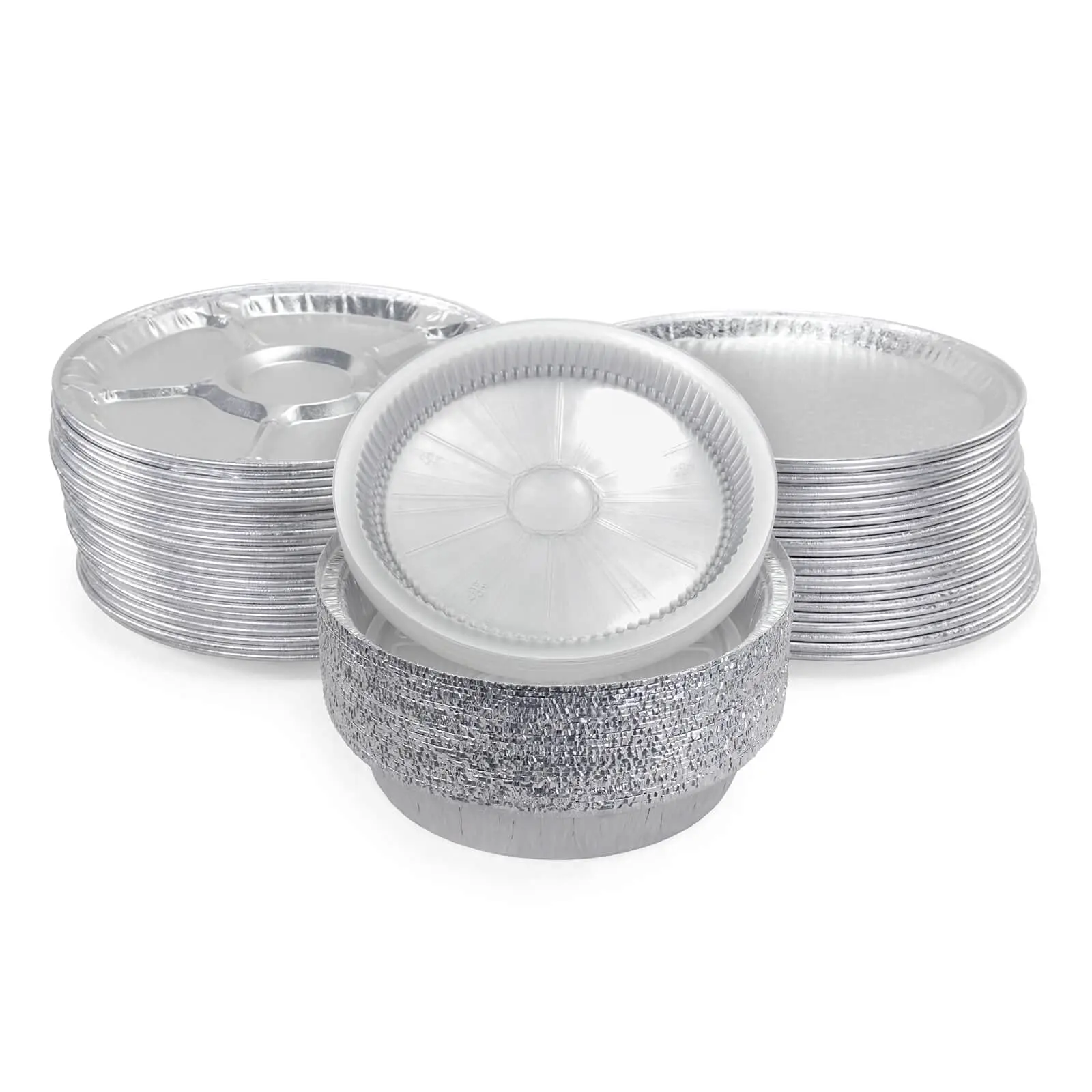 IDL Packaging 75 pc Aluminum Catering Set with 25 Lazy Suzan Trays, 25 Flat Trays and 25 Pans with Lids - Disposable Round Aluminum Foil Containers for Baking, Catering, Party Servings