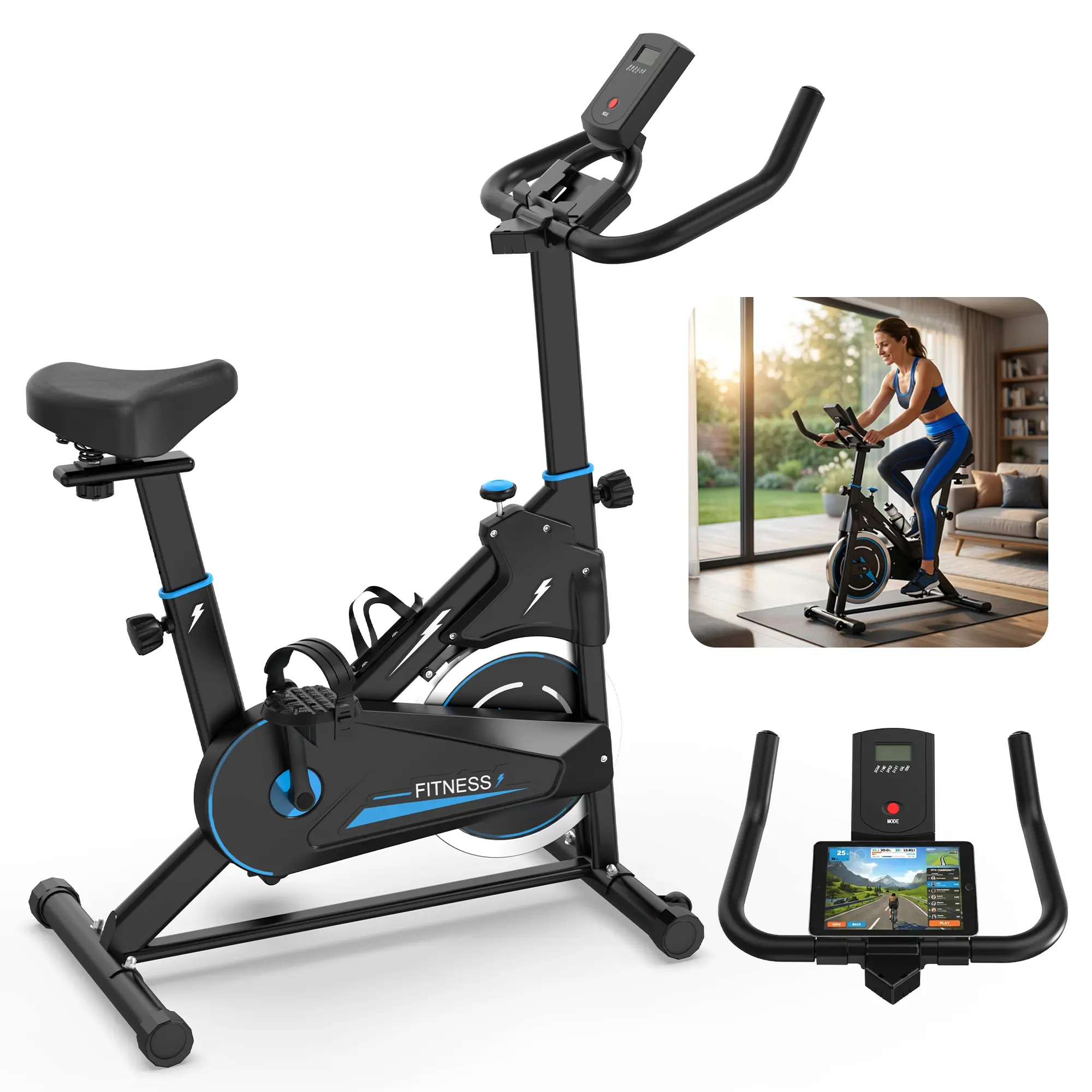 Dufominc Premium Indoor Stationary Exercise Bike - At-Home Exercise Bikes with Custom Adjustable Resistance, LCD Performance Monitor, Upgraded Padded Seat, Multi-Position Handlebars, Anti-Slip Surface Base, Cardio at Home, Resistance Training, Home Workou