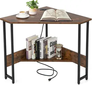 Corner Computer Desk, with USB Ports & Power Outlet, Storage Shelf for Small Space, Triangle Steel Frame Corner Desk for Home Office, Workstation (Rustic Brown)