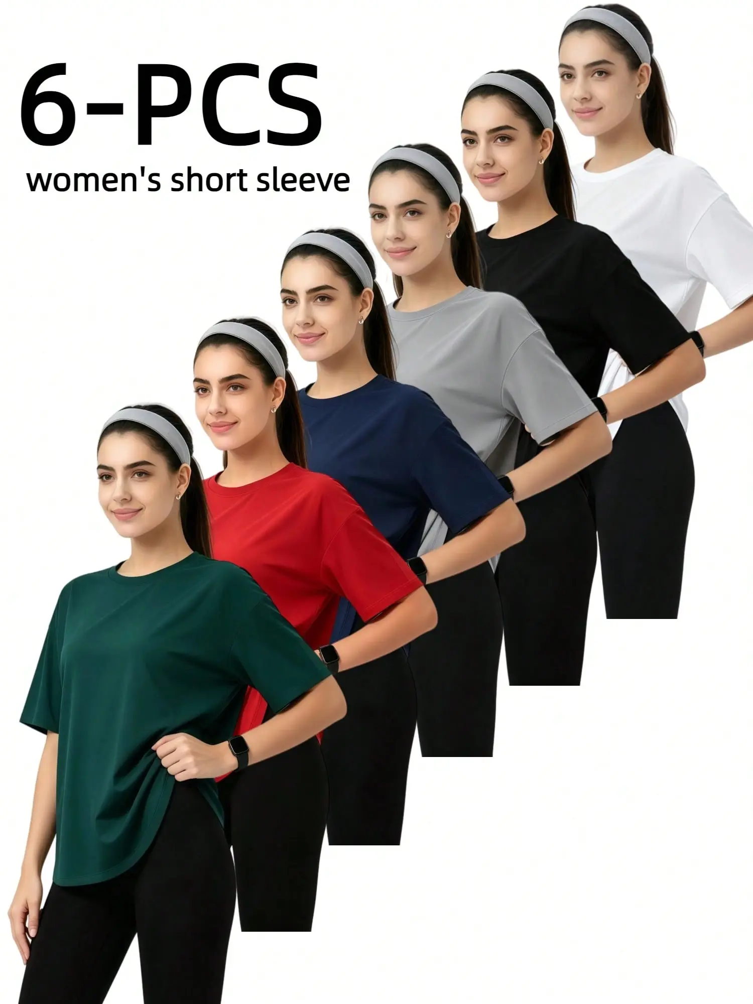 6-Pack Women's Short Sleeves Sport T-shirt, Checkered Crew Neck Tees, Stretch Casual Shirts For Sports Couple Vacation Outfits