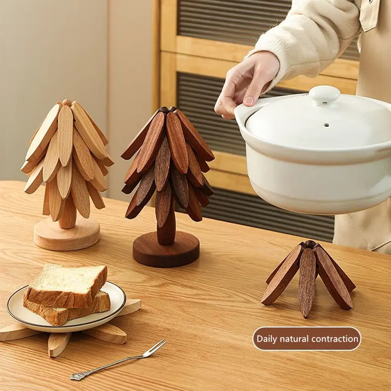 7.8 Inches Durable Modern Wood Heat-Resistant Automatically Unfold Foldable Trivet Set - 4 Trivets, 1 4-Layer Stand, Indoor Tableware Holder, Hot Dish Holder for Pots, Teapots, Irregular Tableware, Birthday Gift, Coasters, Self-Folding