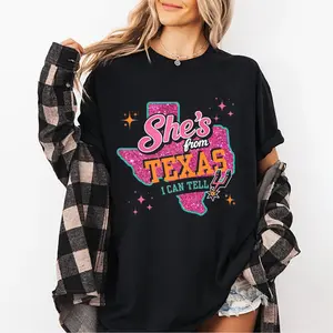 She's From Texas I Can Tell Graphic Tee Pink Glitter Sparkle Women's T-Shirt, Basketball Game Day Shirt For Her