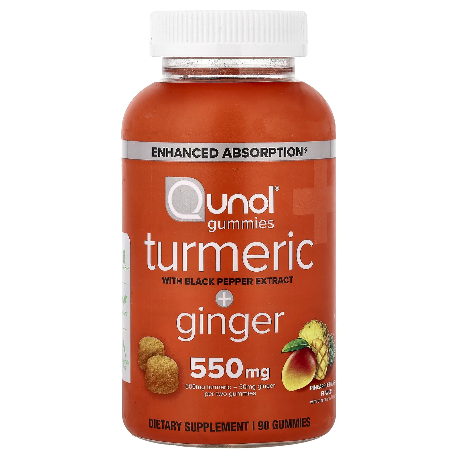 Qunol Turmeric + Ginger Gummies With Black Pepper Extract, Pineapple Mango, 90 Gummies