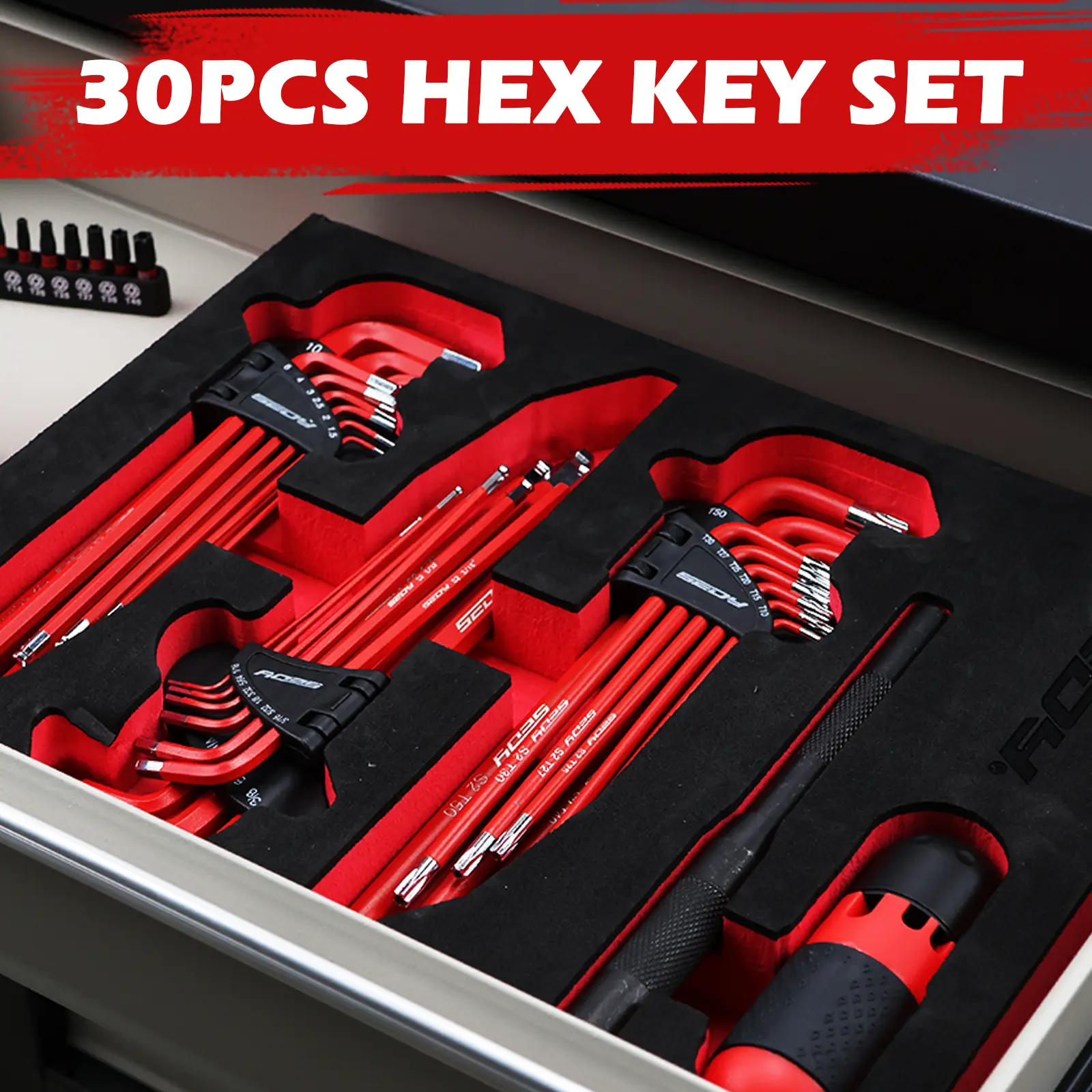 30-Piece Long Arm Ball End L-Hex & Torx Key Tool Kit Set, Hex Combination Wrench with Grip Handle, T-Handle & Extension Bars, SAE 1/16"-3/8", Metric 1.5mm-10mm, Torx T10-T50, Specialty Mechanic Tools for Mechanics, Christmas Gift,father