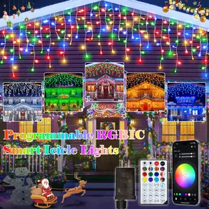 Smart RGB Icicle  Outdoor 20Ft 240LEDs 48 Drops, APP & Remote Control Music Sync Christmas Roof Icicle ,  Millions of Functions,  Clear Wire,Timer, Brightness Adjustable, Color Changing lights