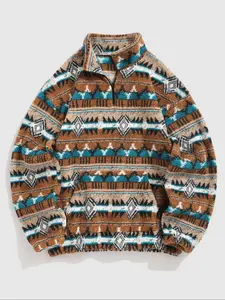 Men's Ethnic Pattern Zip Up Kangaroo Pocket Plush Printed Sweatshirt Zipper Closure Menswear Casual Boho Style Drop Shoulder Long Sleeve Fuzzy Outerwear Fall Winter Clothes Tops 2026 Breathable Soft Warm Cozy Lightweight Trendy Home Outdoor Streetwear Hip