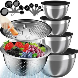 Mixing Bowls with Lids Set, 16PCS Stainless Steel Mixing Bowls,Nesting Storage Bowls for Kitchen with Mixing Bowl, Colander, Strainer & Grater, Metal Salad Bowl for Kitchen Gadgets, Black