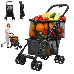 Collapsible Wagon with 360° Wheels, 3-Tier Dual-Compartment Freestanding Utility Cart, Double-Layered Metal Frame Mobile Trolley, Removable Carry Bag, Portable Home Supplies Storage for Outdoor & Home Use, 3-Tier Utility Carts