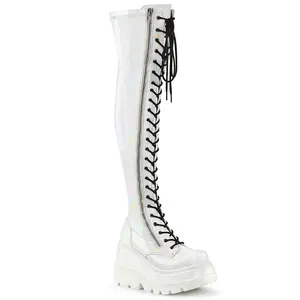 Demonia Shaker-374 White Hologram Stretch Patent Over-the-knee Boots