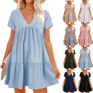 PASLTER Women Summer Simple Style V Neck Flowy Babydoll Dress Comfy Loose Fit Short Sleeve Mini Tunic Dress Beach Dresses