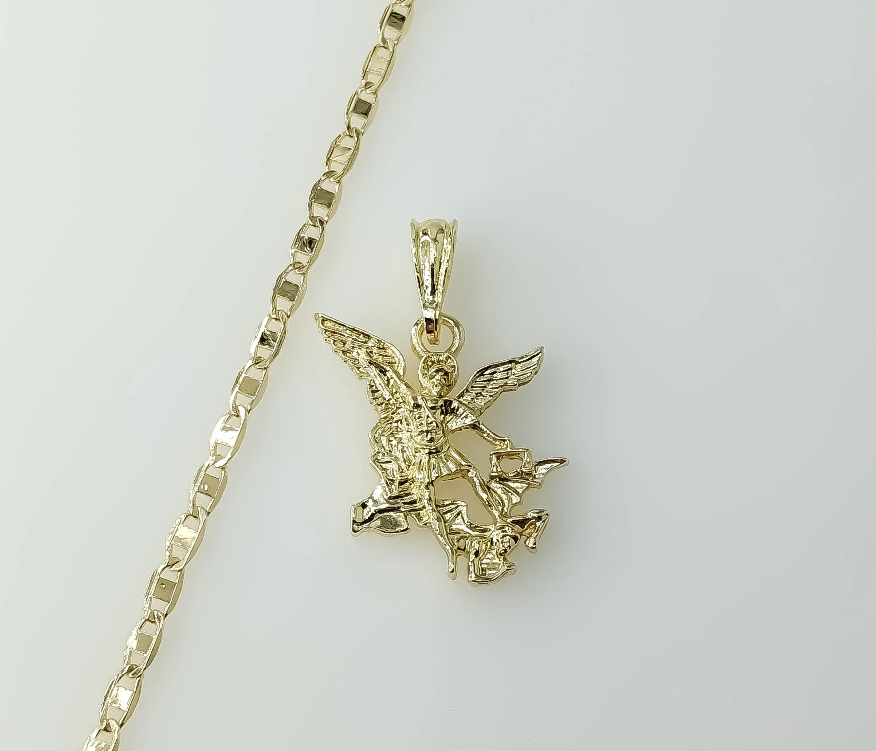 Plated Small Archangel Saint Michael 3mm Flat Mariner Anchor Chain Necklace