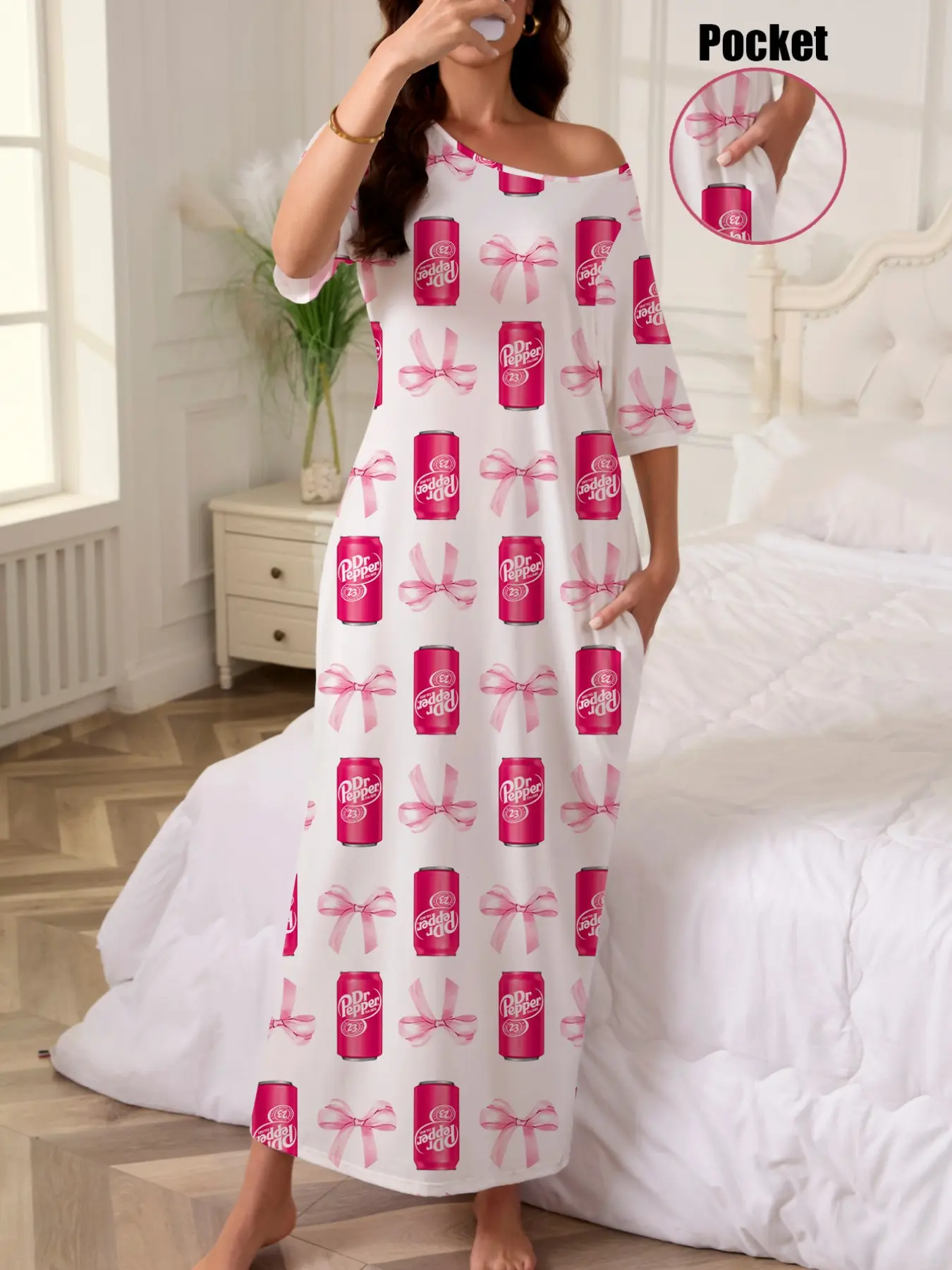 Women's Bowknot Printed Nightdress Robe, Casual Loose Fit Short Sleeve Long Dress, All-Season Homewear with Side Pockets
