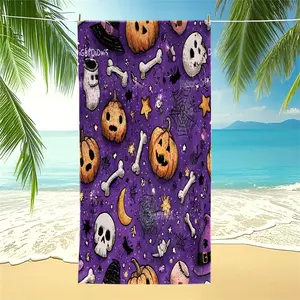 Purple Halloween Pumpkin & Skull Print Beach Towel, Spooky Witchy Pool Towel, Soft Absorbent Camping Towel, Multi-Use Bath Towel Blanket with Vivid Digital Dye Print, Quick-Dry for Summer Beach & Outdoor Use