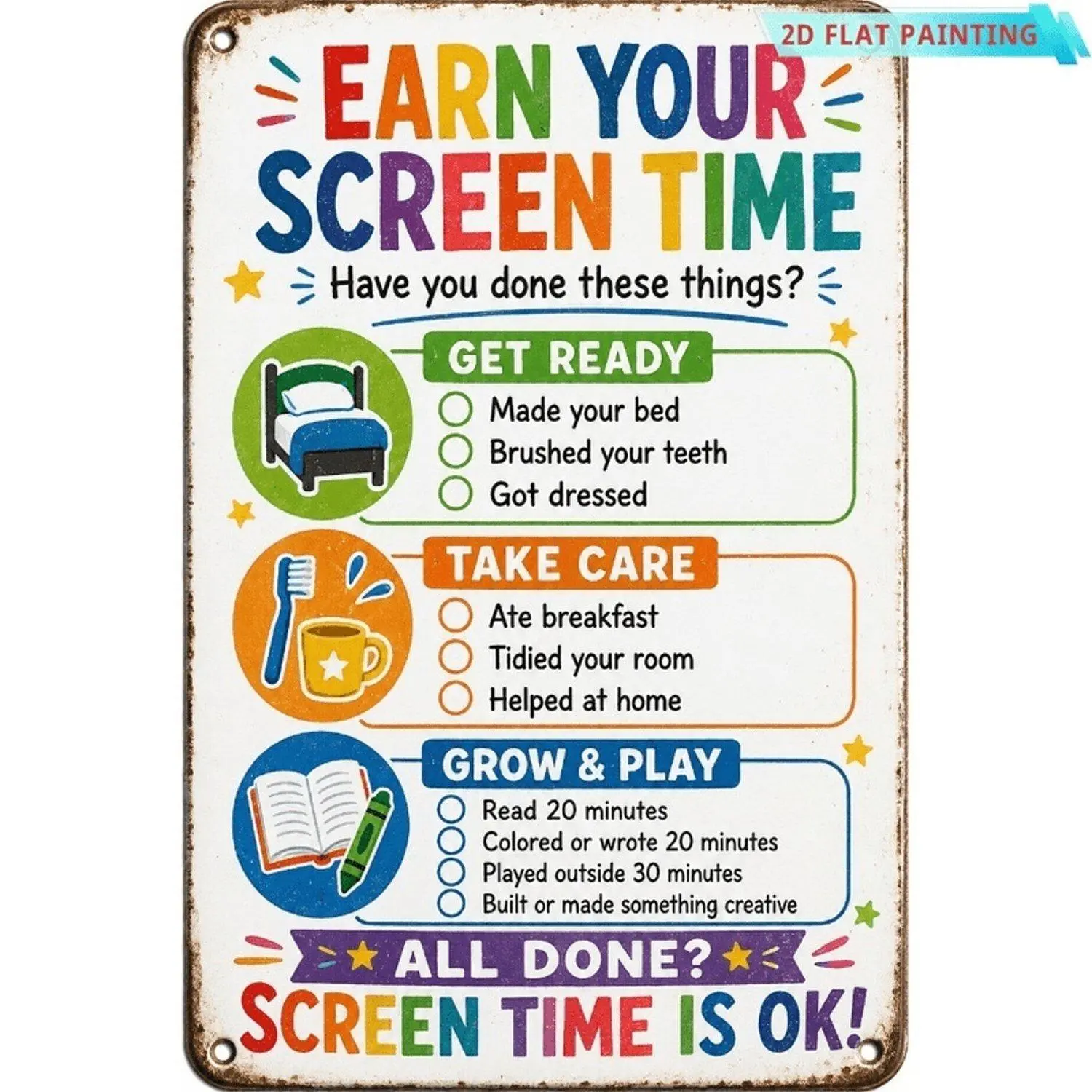 Prints and Plaques Earn Your Screen Time Metal Checklist Chore Chart Morning Routine for Playroom Classroom Bedroom Homeschool Home Decor Vintage Style Decorative Sign Artwork