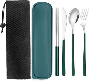 Portable Travel Camping Cutlery Set,   Green  Flatware Silverware, Stainless Steel Cutlery Set, Portable Chopsticks  Spoons Forks Set for Camping Picnic Lunch Daily Use