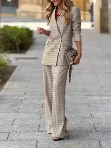 Women's Plaid Suit Set, Slim Fit Plaid Print Blazer Jacket, Wide Leg Pants, Fashionable Two-Piece, Casual and Stylish Wear