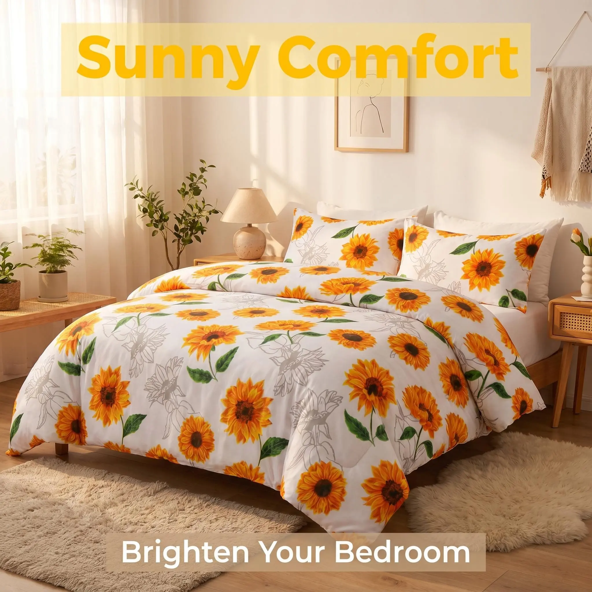 Bedsum 2/3 Pieces Microfiber Duvet Cover Set,Ultra Soft Sunflower Printed Comforter Cover Set with Zipper Closure