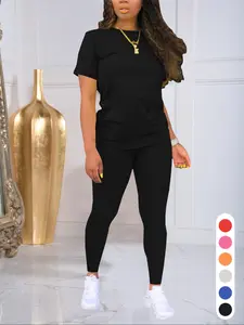 Women's Solid Color Short Sleeve Round Neck Tee & Skinny Pants Set, Casual Fitted Basic Cozy Breathable Lightweight Two Piece Outfits for Daily Outdoor Wear, Matching clothing set, Womenswear