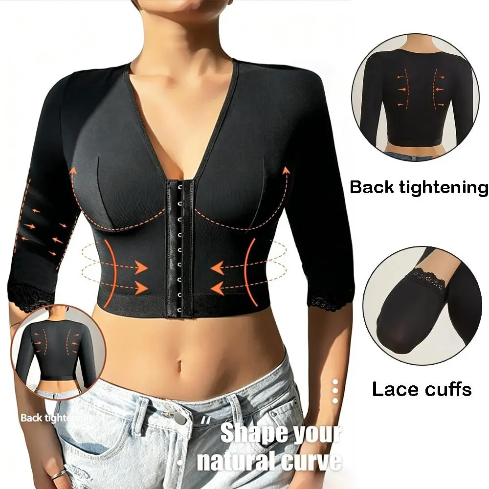 Women's Shapewear Top with Compression Arm Sleeves, Post-Surgery Posture Corrector Body Shaper with Front Hook Closure, Solid Polyester Mix, Lace Accents, Plus Size, Lady, Faja Perfect Shaper, Women's Clothes, Arms, Body Contouring, Casual, Basic, Scoop N