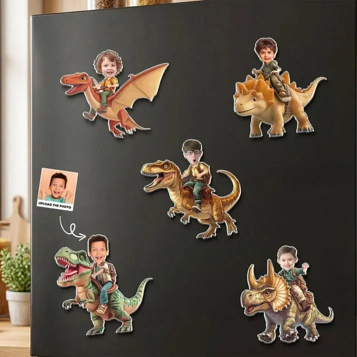 Personalized Kids Photo Dinosaur Fridge Magnet Custom Refrigerator Decor Gift