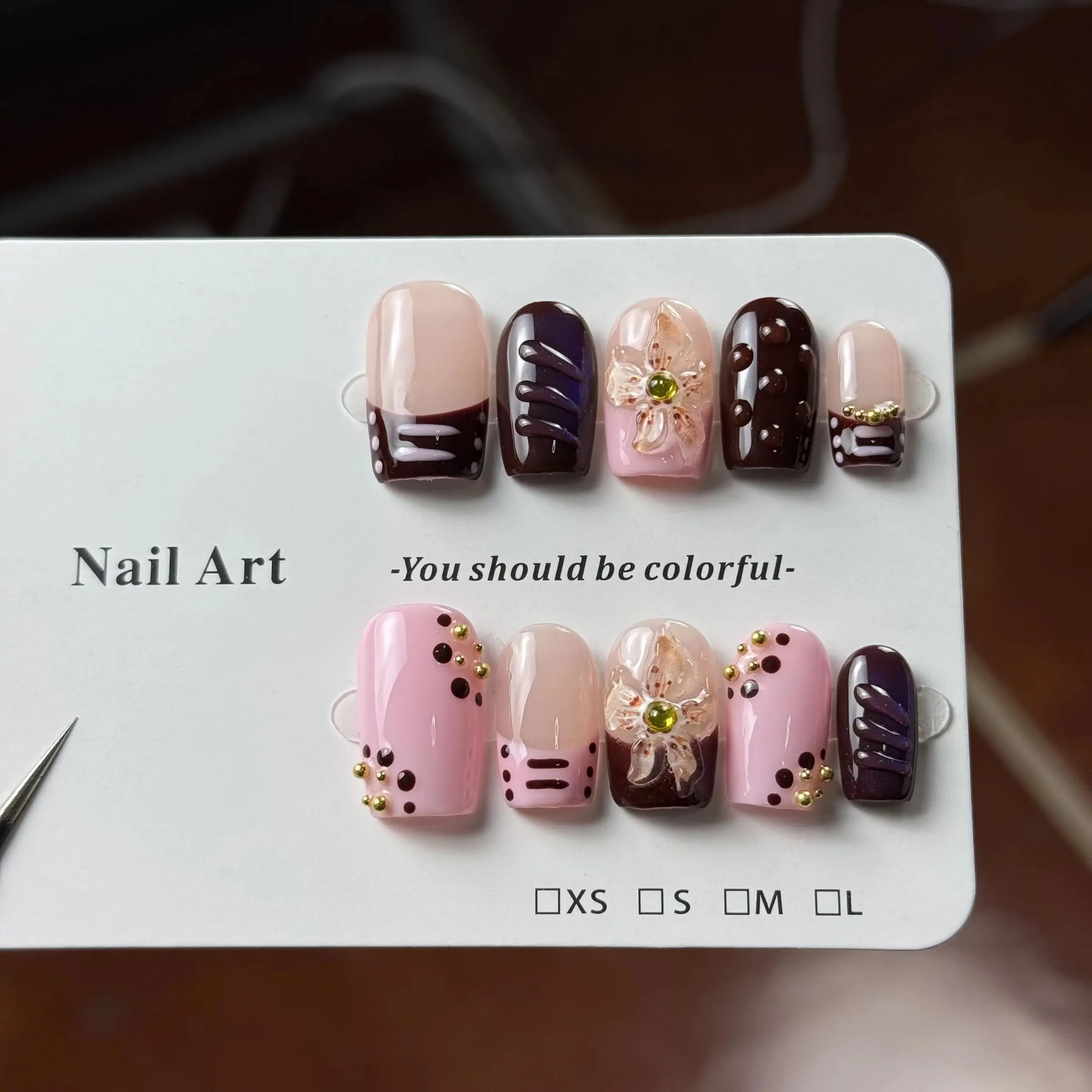 10pcs high-end Autumn and winter atmosphere, hand-painted leopard print, three-dimensional carvings, small golden beads handmade nails Handmade Press On Nail Art Products
