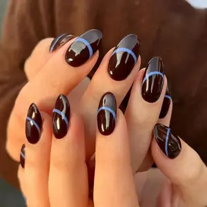 Midnight Black French Press On Nails – Glossy Almond Blue Line Reusable Fake Nails