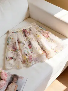 Floral Print Tiered Chiffon Lightweight Skirt, Flowy Ruffle Short Skirt, Elastic Waist Ruffle Cake Dress, Casual A-Line Skirt for Daily Wear