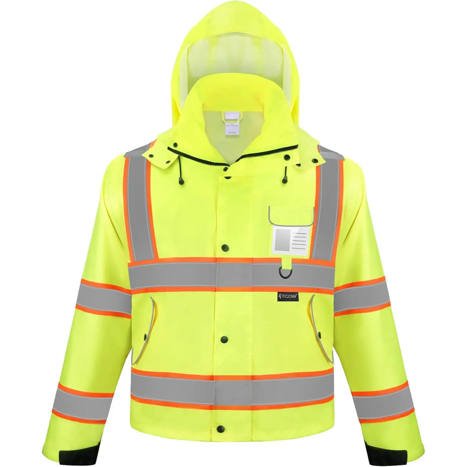 High Visibility Reflective Rain Jacket 150D Oxford Work Rain Coat with Pockets ID Window D Ring