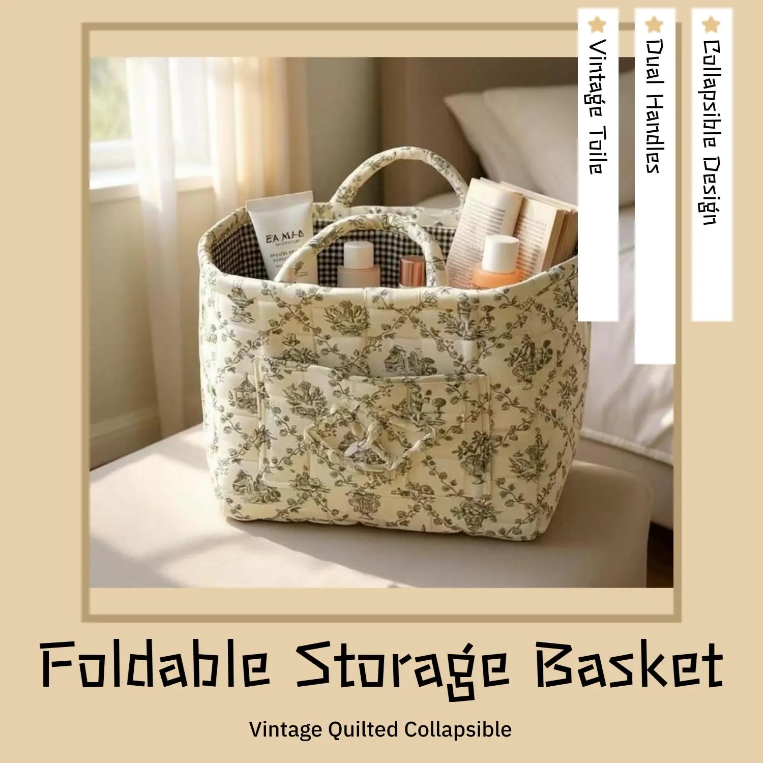 Floral Pattern Cotton Storage Basket - Washable, Collapsible Home Organization Supply, Large-Capacity Easy-to-Clean Floral Charm Organizer for Clothes/Toys, Ideal Gift for Friends