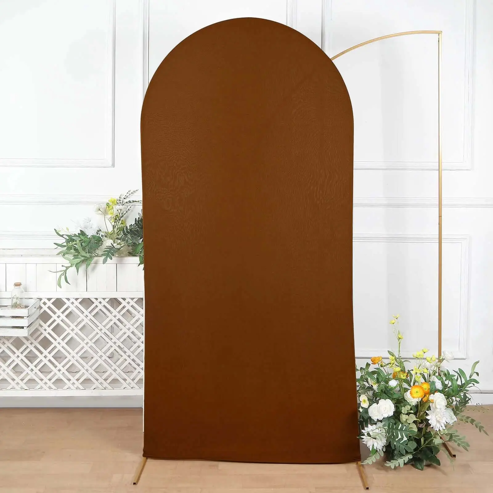 7ft Cinnamon Brown Spandex Fitted Chiara Backdrop Stand Cover for Round Top Wedding Arch, Wedding & Party Decor, Indoor Backdrops