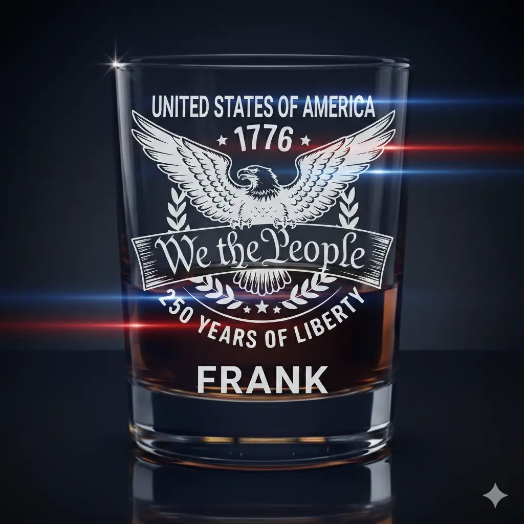 We The People 250 Years of Liberty Personalized Whiskey Glass | 1776 Patriotic Laser Engraved Old Fashioned Glass | Custom Name Rocks Glass