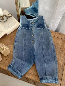 New Spring & Fall Unisex Baby Sleeveless Denim Romper, Casual Fitted One-Piece Jumpsuit, Korean Style, Moderate Fabric, Ideal for Babies, Baby Clothing
