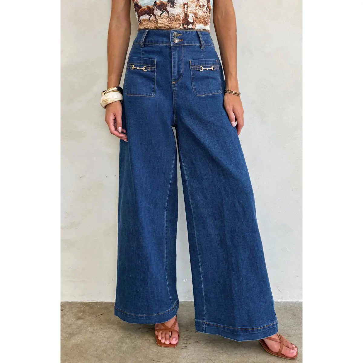 Women's Wide Leg Cotton Denim Jeans with Patchwork Pockets, Modern Streetwear Style with Embellished Hardware, Modern Jeans, Gen X Streetwear, Low-Rise Wide-Leg Jeans, Classic Denim Jeans