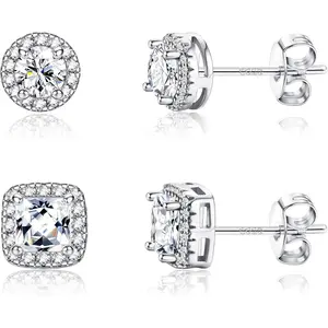 Milacolato Cubic Zirconia Earrings Studs for Women & Men - Hypoallergenic Sterling Silver with Simulated Halo Design - 2/4 Pairs of Earrings Springtok
