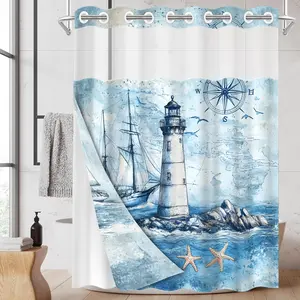 1PC 2D Flat Lighthouse Ship Starfish Pattern Double-Layer Woven Shower Curtain (No Hooks), Transparent Top Window, Removable Liner with Clips, Modern and Unique Home Bathroom Partition Art Decoration, Bathroom Decor, Holiday Decoration