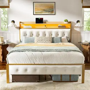 White,Bed Frame with Storage Headboard & Footboard Upholstered Platform Bed with LED Lights USB Ports & Outlets No Box Spring Needed（only bed frame）