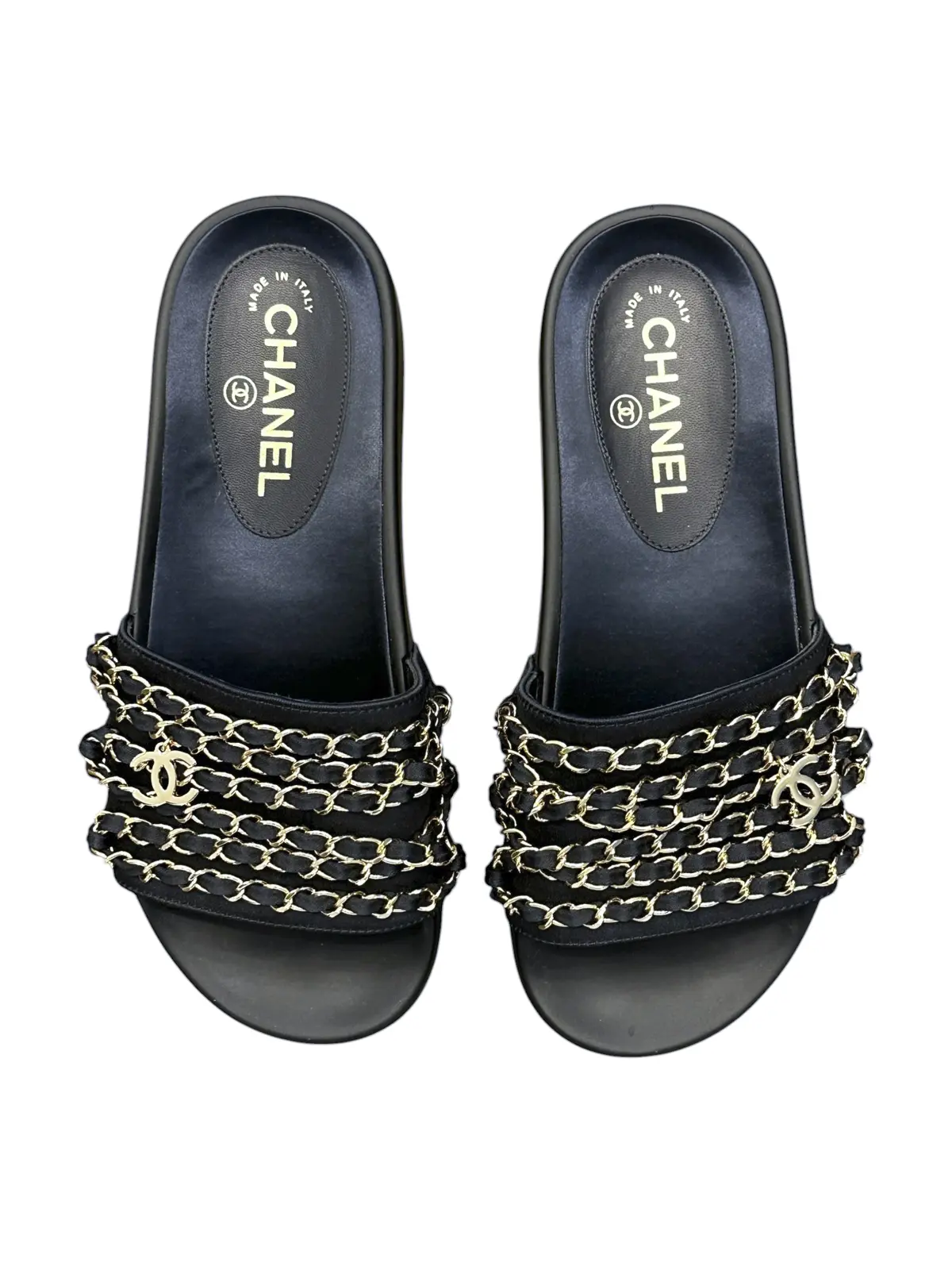 CHANEL Marine Navy Satin Canvas Chain CC Slide Sandals EU 37 Gold Logo Flat Mules