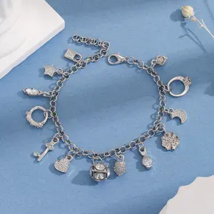 Women's 13-Piece Fashion Charm Bracelet Set - Fairy Tale Inspired Female Lucky Bangles with Cross, Leaf, Moon, Celtic Cat, Face Pendants, Trendy Gift Costume Jewelry