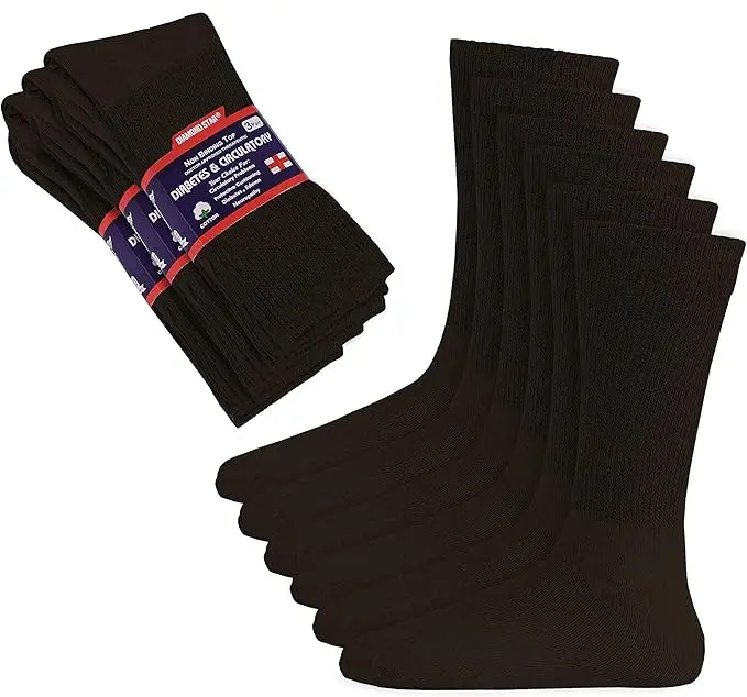 DIAMOND STAR 6 Pairs Basic Non-Binding Cushioned Cotton Crew Diabetic Socks for Men (Shoe Size 10-13), Brown