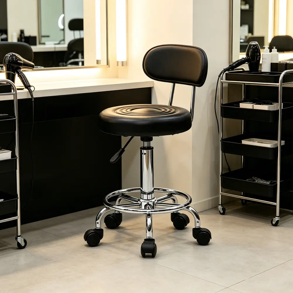 Black Adjustable Height Round Office Stool with Backrest, 360-Degree Swivel, PU Leather Padded Seat, Anti-Skidding Heavy Duty Furniture (13.39x13.39x32.87in, 18.5-24.21in Height Range, 8.82lbs) for Home Office Desk, Vanity Workstation, Adjustable Height S