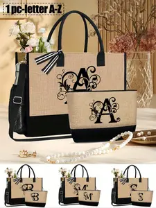 Black Flower Lettera-Z,Senior Black Flax Initial Canvas Tote Bags,Personalized Birthday Gift For Women,Cosmetic Bag, Coin Purse, Handbag, Shopping Bag, Stylish Tote Bag, Trendy Tote Bag