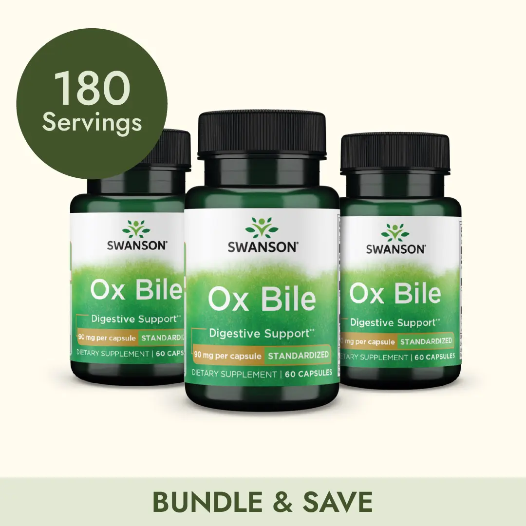 Swanson Ox Bile - Standardized 90 mg 180 Capsules for Digestive Support & Iron Absorption - Bovine Vitamin D Supplement