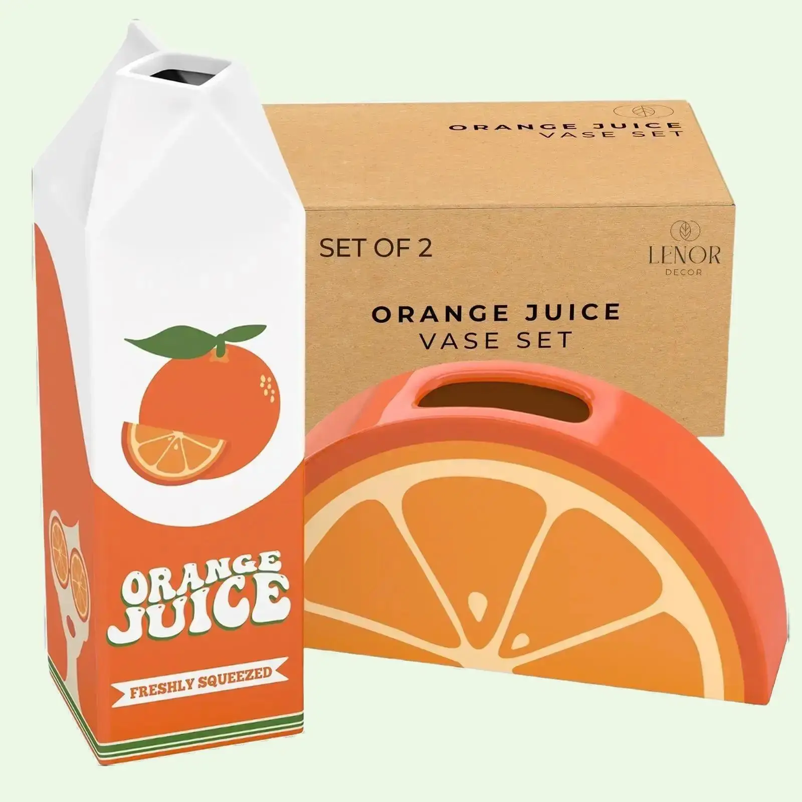 Lenor Decor - Orange Juice and Orange Wedge Vase Set -Retro Vibes Unleashed: Get Funky with Our 70s & 80s Inspired Juice Carton Vase Set Ceramic Decorative Kitchen Entryway