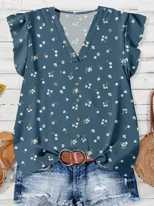 Women's Casual Elegant Flutter Sleeve Loose Top, Minimalist Design for Summer, Front Button Closure, Delicate Floral Pattern, Vintage Style, Bohemian Casual Top, Boho Button Front